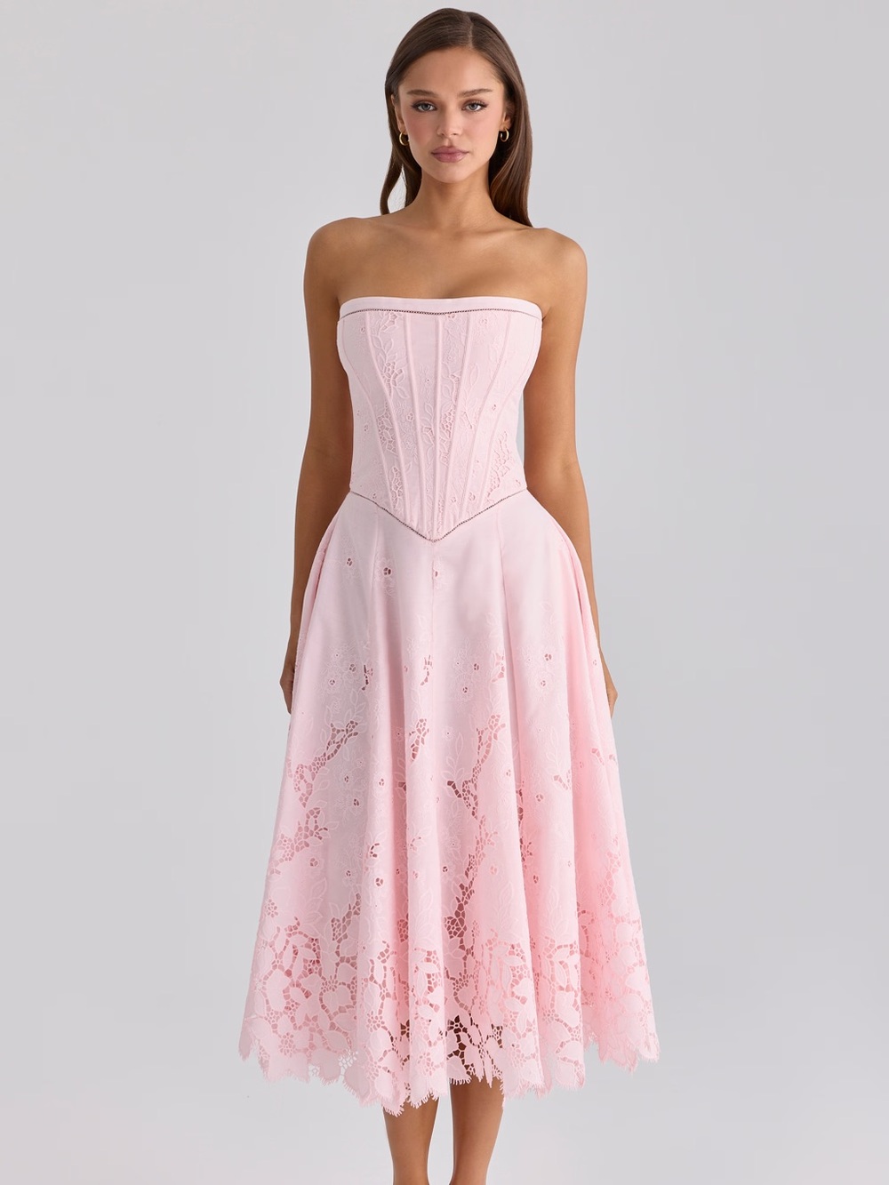 House of CB BELISSA Pink Strapless Custom Lace + Broderie Anglaise Midi Dress